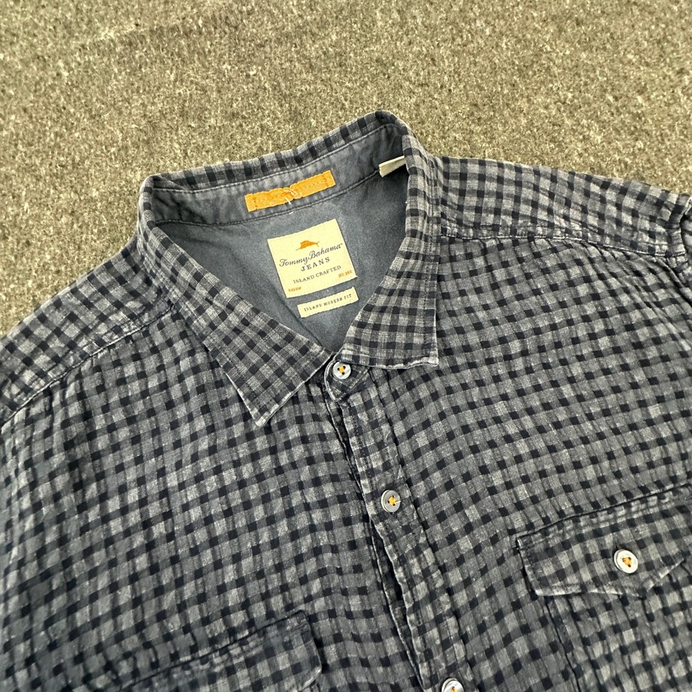 Tommy Bahama Jeans Shirt Mens XXL Blue Island Modern Fit Gingham Dobby textured